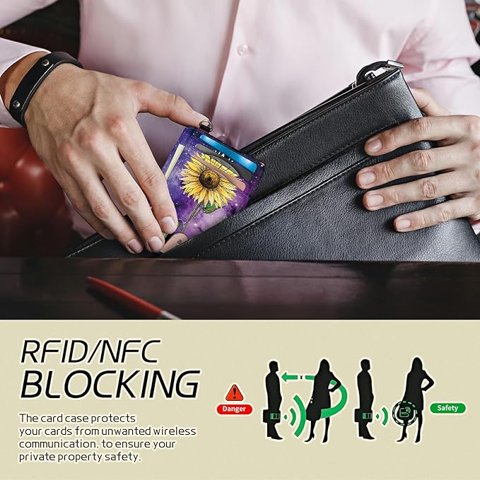 BWEGRHE Small Travel Wallets, Sunflower Yellow Purple Galaxy Slim Minimalist Front Pocket Wallet with Wristlet, RFID Blocking PU Leather Credit Card Holder with ID Window Change Purse for Men Women