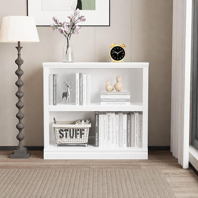 blini 2-Shelf White Bookcase Wooden Bookshelves 33in Wide Floor Standing Display Storage Shelves Low Bookcase for Home Office, Living Room, Bed Room