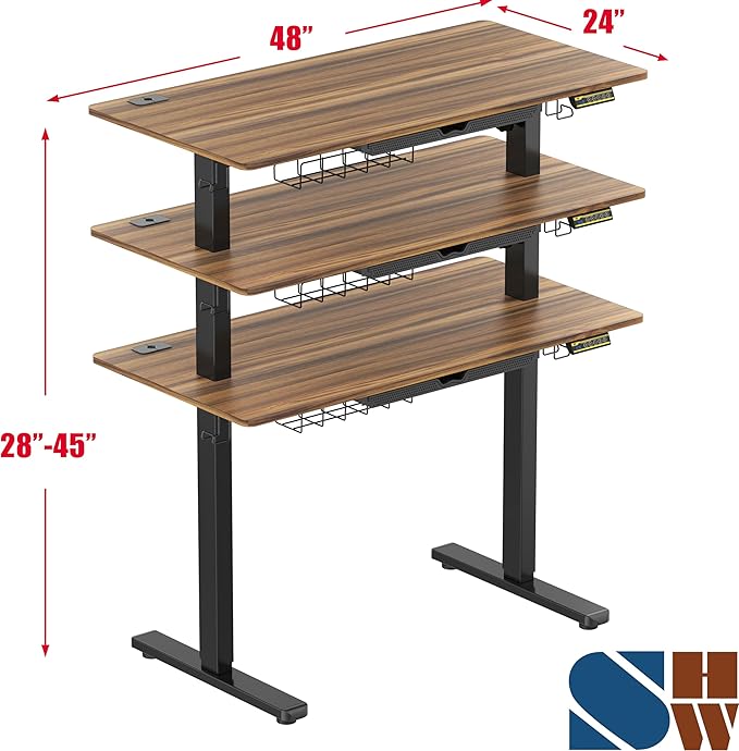 SHW 48-Inch Electric Height Adjustable Standing Desk with Drawer, Memory Preset and Cable Management Tray, Walnut