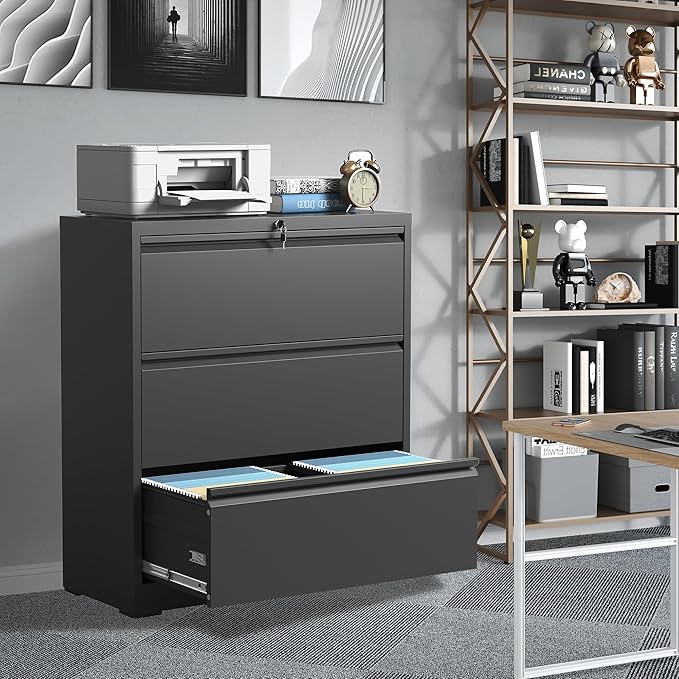 FLIXELIO 3 Drawer File Cabinet, Black Office Cabinets with Lock, Heavy Duty Metal Filing Cabinet for Home Office, Horizontal Lockable File Cabinet for Legal/Letter/A4 Size Files, Require Assembly