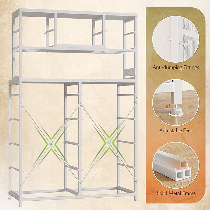 EnHomee 62.8" H Dresser for Bedroom with Multiple Fabric Drawers,White Dresser with Charging Station and LED Lights,Dressers & Chests of Drawers for Bedroom, Steel Frame & Wooden Top, Entryway