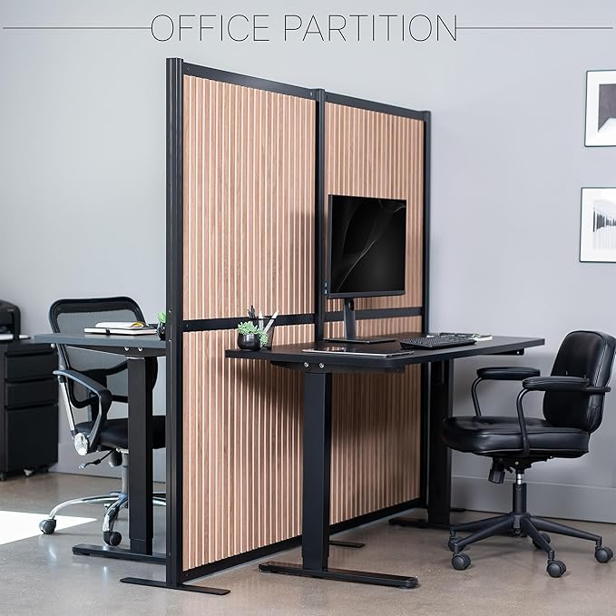 VIVO Modular Wall System, 2 PET Panels, Modern Professional Office Cubicle Dividers, Freestanding Privacy-Screen, 66 inches High, Wood Slat, Black Frame, PP-MWS63BWD
