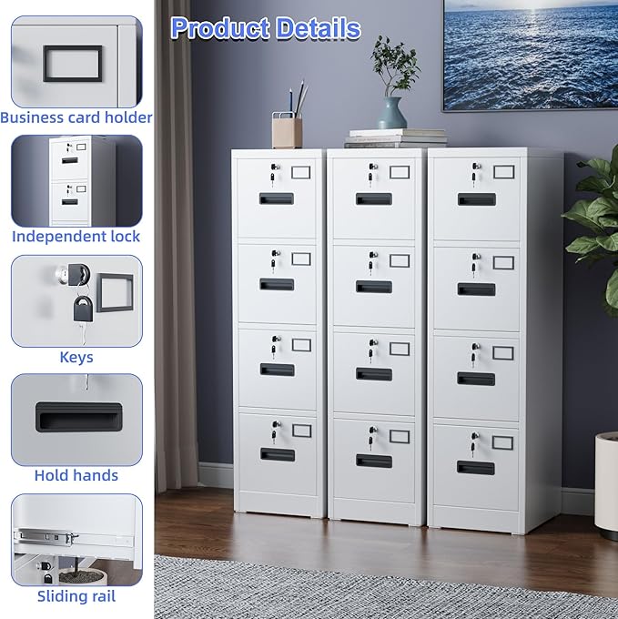 SUXXAN 4 Drawer File Cabinet, Metal Vertical File Storage Cabinet with Lock, Office Home Steel Vertical File Cabinet for A4 Letter/Legal Size, Assembly Required