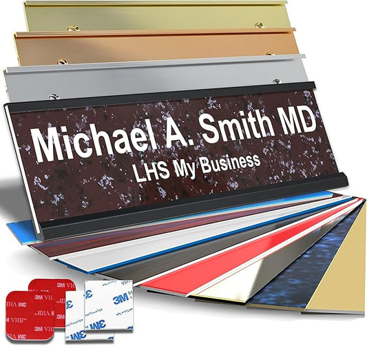 Custom Name Plate with Choice of Mounting for Walls, Doors, Desk Holders, Cubicles, Hanging and More - Personalized Canberry Marble Plastic White Letters - USA Made 2x8 - S5