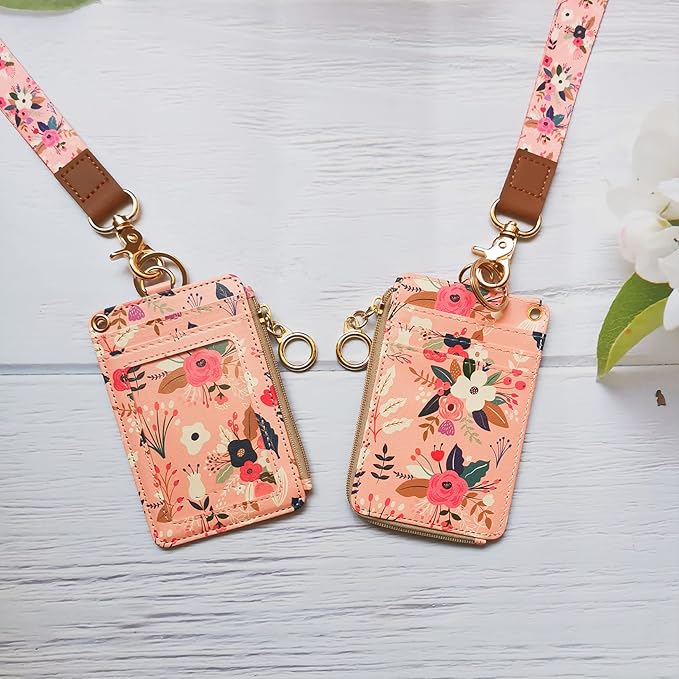 Blooming Flower Badge Holder with Lanyard, Women's Lanyard Wallet, Id Badges Holder for Nurse, Teacher, Student, Office (Pink Floral)