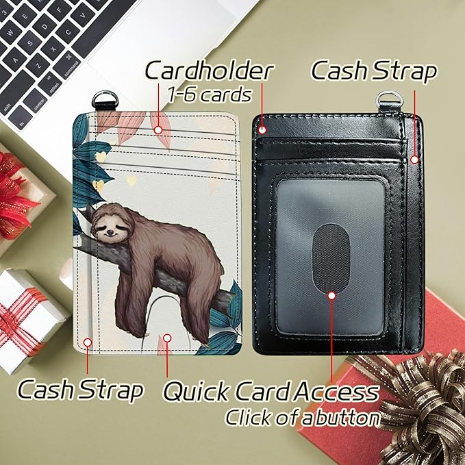 BWEGRHE Small Travel Wallets, Sloth Slim Minimalist Front Pocket Wallet with Wristlet, RFID Blocking PU Leather Credit Card Holder with ID Window Change Purse for Men Women