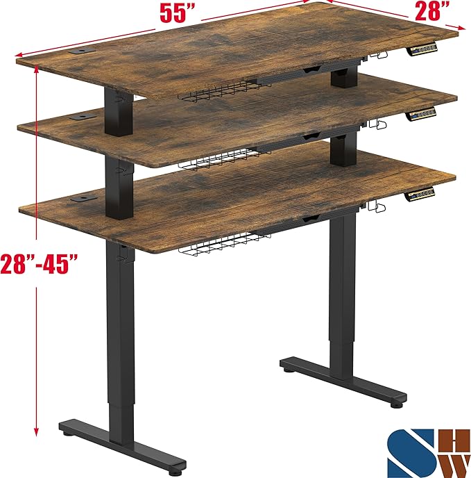 SHW 55 x 28 Inches Electric Height Adjustable Standing Desk with Drawer and Memory Preset, Rustic Brown