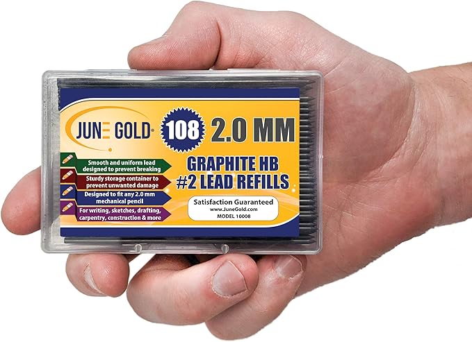 June Gold 108 Pieces, 2.0 mm HB #2 Lead Refills, 90 mm Length, Extra Bold Thickness, Break Resistant Lead/Graphite