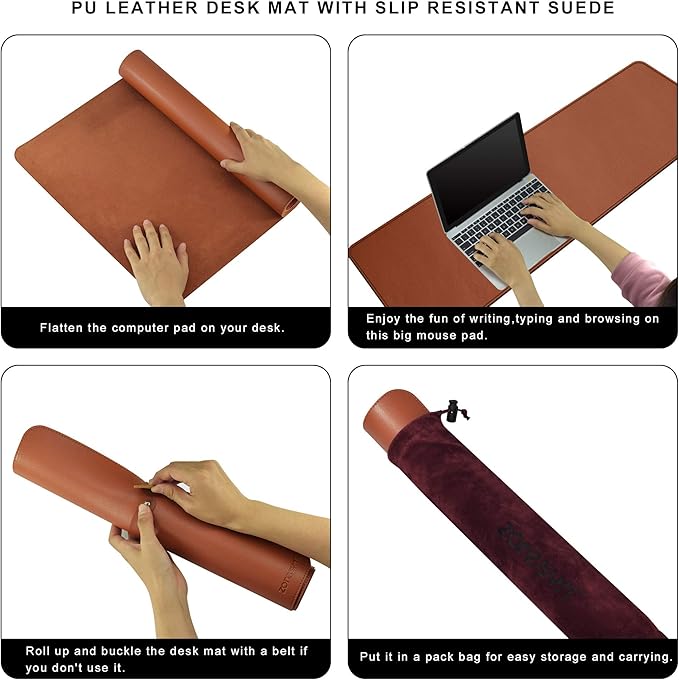 ZORESYN PU Leather Desk Mat Waterproof Anti-Oil Dining Table mat - 66.9" x 19.7" - Non-Slip Mouse Pad,Large Desk Pad with Suede Base,Stitched Edges Computer Desk Mat for Gamer,Office & Home | Brown