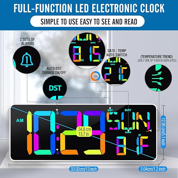 KMMKGG Large 13.7" LED Digital Timer（5''Nunmber）, 11 Color Changing, Count Up/Down Timer with Remote Control, Adjustable Brightness Wall Clock for Home, Office, Gym, Elderly, Auto DST