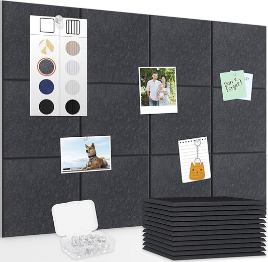Smarpau Large Cork Board for Walls, 12 Pack Square Bulletin Board, 48"x36" Pin Board with Pushpins Removable Security Stickers, Felt Wall Tiles for Office Home Decoration-Deep Grey