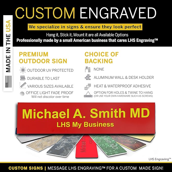 Door Name Plate Personalized for Office Red Plastic Name Plate with Yellow Letters - Made in USA 2x6 B22
