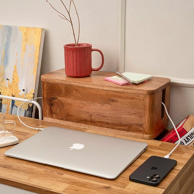 Large Cable Management Box - Acacia Wood - Cable Organizer Box and Power Strip Box for Electrical Cord Management - Hide Desk Cord and Floor Cables - Wire Storage and Organization for Cords