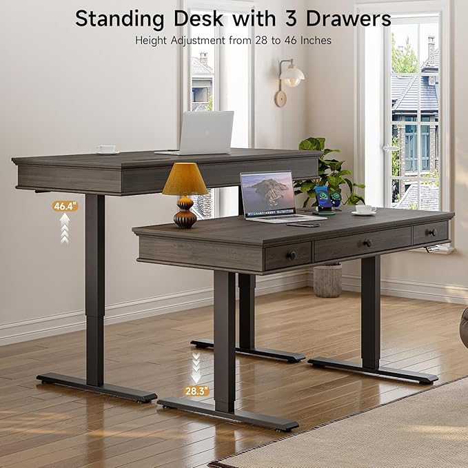 ONBRILL Standing Desk with Drawers, 55 x 23 Inch Electric Height Adjustable Desk with Storage & Outlets, for Computer Workstation, Home Office, Retro Curved Table Corner Design, Black Walnut