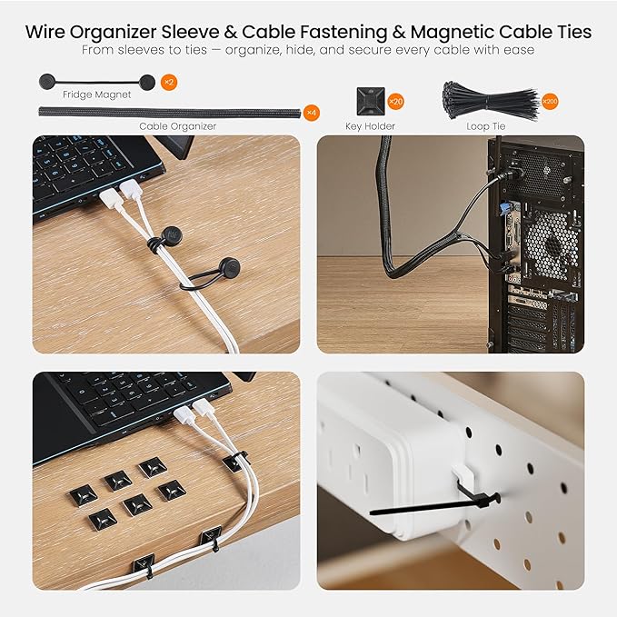 EUREKA ERGONOMIC Metal 316 PCS Cable Management Organizer Kit Cable Raceways, 6 Cable Holder, 4 Cord Sleeve, 60 Wire Clips, 2 Roll Self Adhesive Wire Ties, 100 Zip Ties Under PC Desk, Black