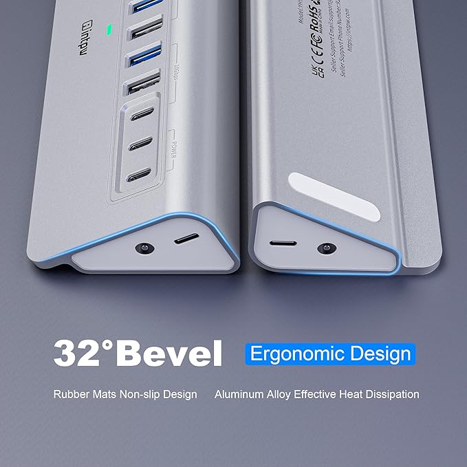 YH9AC Powered USB Hub 10Gbps, intpw 12 Port USB C Hub with 10Gbps USB C 3.2+2 USB A 3.2, 7 USB 3.0, 2 PD 45W Charging Port, 65W Power Adapter + 3.3FT Cable, Aluminum USB Hub for Laptop/iPhone 17/16/PC
