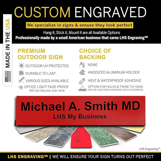 Personalized Name Plate with Choice of Mounting for Walls, Doors, Desk Holders, Cubicles, Hanging and More - Custom Red Plastic Black Letters - USA Made 2x8 - B14