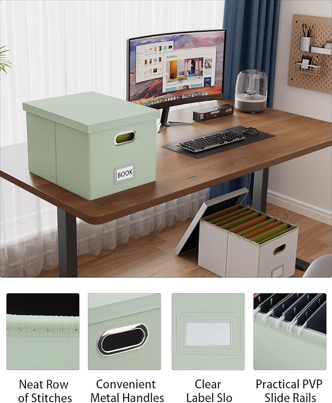 2 Pack File Storage Organizer, Portable File Box with Lid, Fit for Letter/Legal File Folder Storage, Grey-green (Leather) Box
