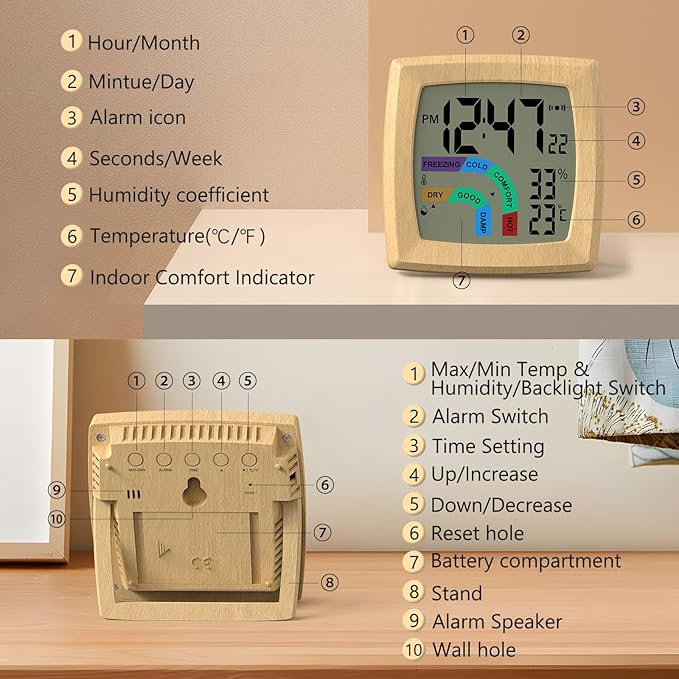 VOILEIPAGI Travel Alarm Clock Bedside Clock with Auto Backlight, Battery Powered Alarm Clock Temperature and Humidity, Second, Date, 12/24H, Wood Grained Small Clock Digital Alarm Clocks for Bedrooms
