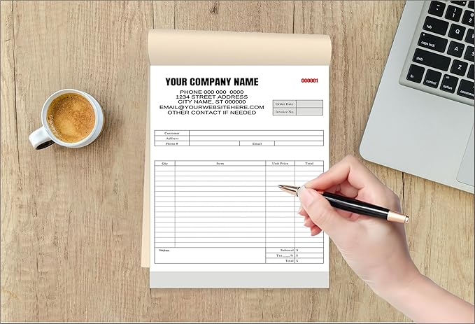Custom Carbonless Invoice Book with Logo, Personalized Cover & Inner Pages, 2 Part NCR Receipt & Work Order Forms, Easy Tear, Writing Shield for Small Business (Upload Your Design, 10.24 * 7.48INCH)