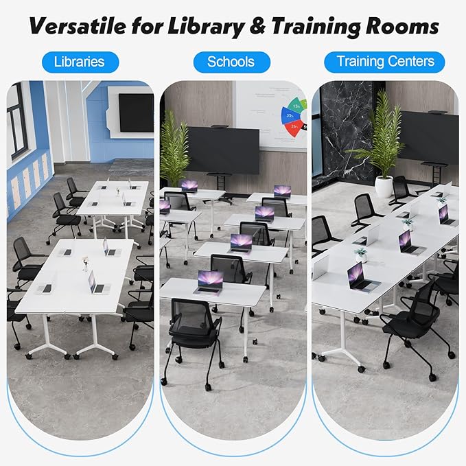 Goakwwuz Conference Room Table, Folding Conference Tables,Thicken Grey Tabletop,Flip Top Wooden Seminar Meeting Room Table for Conference Room Offices (8, White, 55.1”)