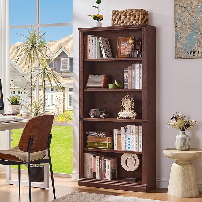 RWYHG 70" Walnut Tall Bookshelf Set of 2,5-Tier Thick Wooden Book Shelf with Adjustable Shelves,Free Standing Farmhouse Bookcase with Open Display Storage,Floor Vintage Bookshelves for Living Room