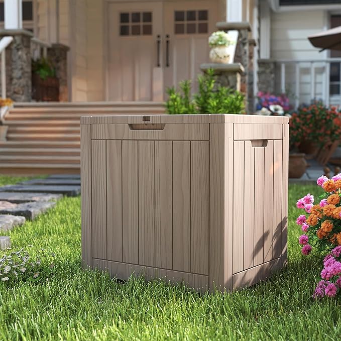 Yardgrace 35 Gallon Small Waterproof Outdoor Storage Box, Resin Deck Box Lockable for Patio Furniture, Garden Tools, Pool Accessories, UV-Resistant for All Weather Use, Greige