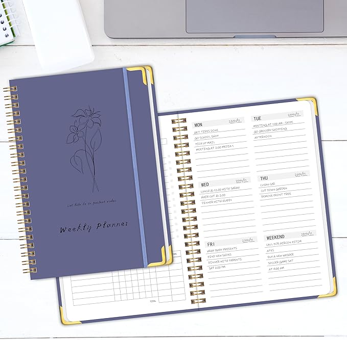 Undated Weekly Planner with Metal Corner Hardcover Notebook , A5 Size Journal with To Do List Planner, Habit Tracker,Weekly Goals for ADHD,Student, Office, Women, Men ,Gifts,6 x 8 inches，Spiral Bindding ,Purple