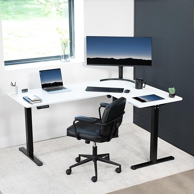 VIVO Electric Corner 63 x 47 inch L-Shaped Standing Desk, Memory Height Adjustment, White Top Black Frame, DESK-E3CTBW-47