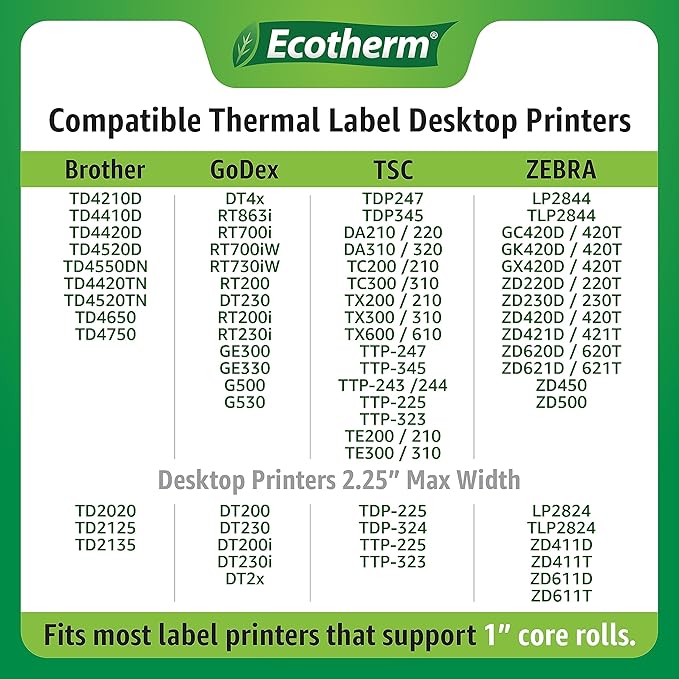 2.25" x .75" Thermal Labels | 4 Rolls | 7120 Labels | fits Zebra, Munbyn, Rollo, Godex, Arkscan, iDPRT, Offnova Thermal Label Printers and More | Blank White Adhesive Stickers by Ecotherm