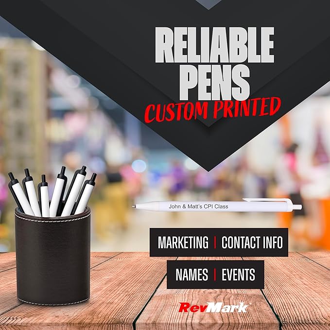 RevMark Personalized Ballpoint Pen, Custom Printed Name, Business or Event Information, Timeless Advertising, USA Made Pens, Promotional Marketing, Smooth Black Ink, Bulk Pack (White,100 Ct.)