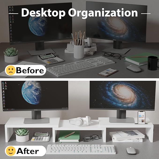 BONTEC Dual Monitor Stand Riser with Smartphone Holder, Adjustable Length & Swivel Angle, Ergonomic Wooden Desktop Organizer for PC Monitor, Laptop, Printer, Large Storage, White