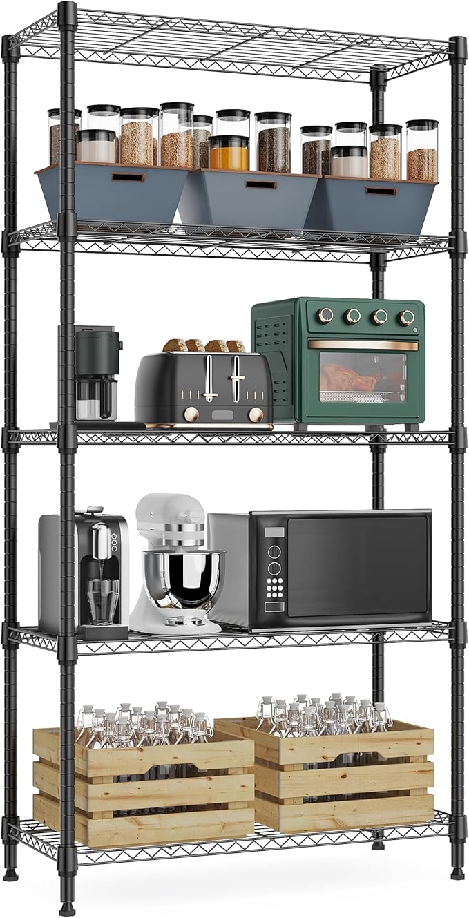 M MZG 1250 lbs 5 Tier Shelf Metal Storage Shelves Wire Rack Closet Organizers with Wheel for Garage Kitchen Bathroom Laundry Black 13.7" D x 23.6" W x 62.4" H