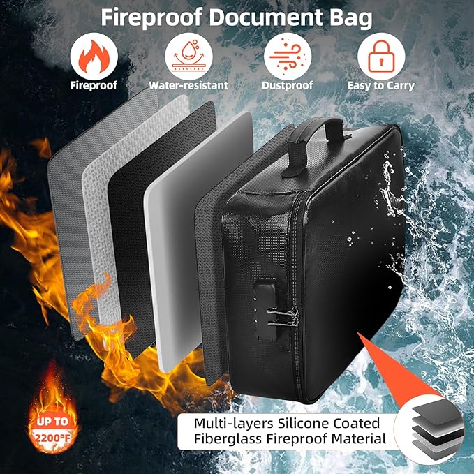 Fireproof Document Box for file organizer,Fireproof Bag for Important Document Organizer with Combination Lock,Portable Home Travel Safe Storage for Important Documents,Passports