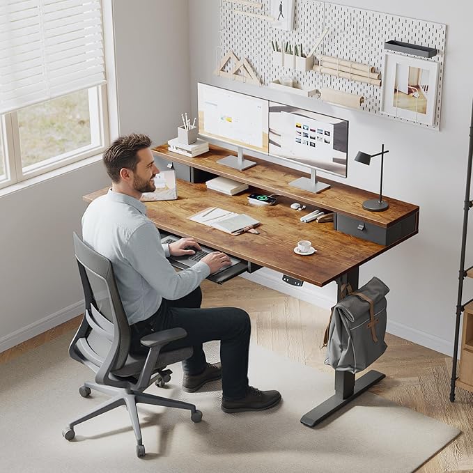 Klicelor 55 Inch Electric Standing Desk with Drawers and Keyboard Tray, Height Adjustable Desks for Home Office, Sit Stand Up Computer Workstation with Two Pieces, Rustic Brown