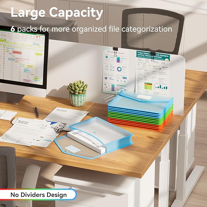 ABC life 6-Pack Plastic Expanding File Folder, Translucent Envelopes with Snap Closure, Large Capacity, Assorted Colors, Large Capacity, Fits Letter/A4 Size - RGB Color