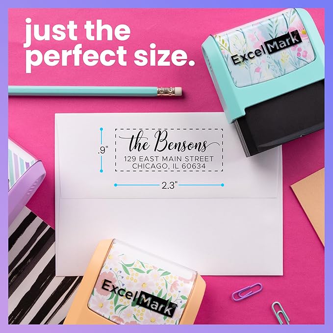 ExcelMark Address Stamp - Custom Return Address Stamp with Elegant Designs, Vibrant Colors & Patterns – Perfect for Mail, Invitations & Gifts (Black Mount, Signature Script)