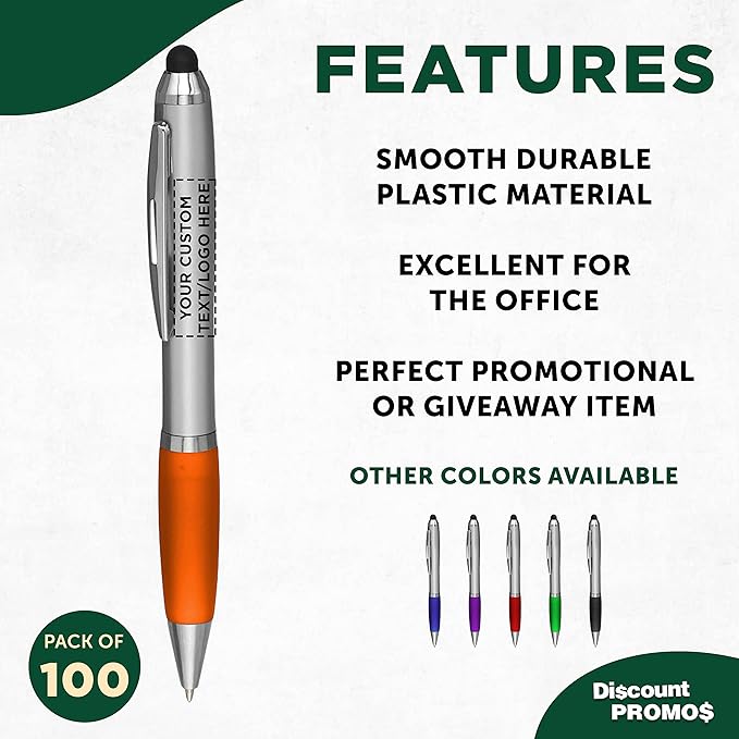 DISCOUNT PROMOS Custom Stylus Ballpoint Pens Set of 100, Personalized Bulk Pack - Black Ink, Great for Office, School, Business, Tradeshows, Events - Orange