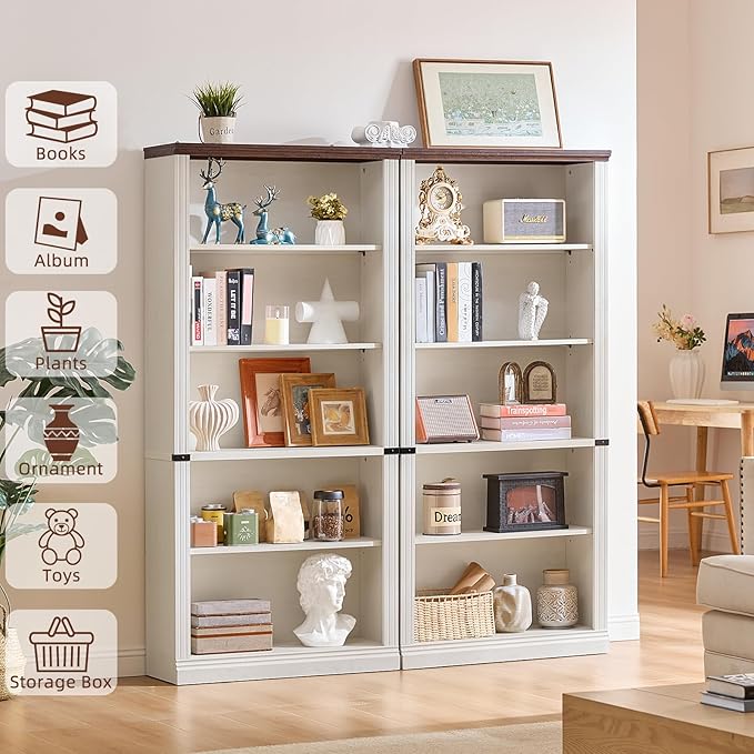 RWYHG 70" White Tall Bookshelf Set of 2,5-Tier Thick Wooden Book Shelf with Adjustable Shelves,Free Standing Farmhouse Bookcase with Open Display Storage,Floor Vintage Bookshelves for Living Room