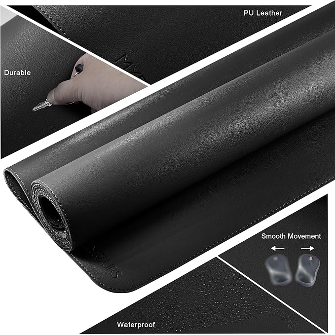 Mydours Extra Long PU Leather Desk Mat, 43.3" x 15.7", Waterproof Surface with Anti-Slip Suede Backing, Black - Extended Coverage for Monitors, Home Office Durable Scratch Resistant Desk Blotter