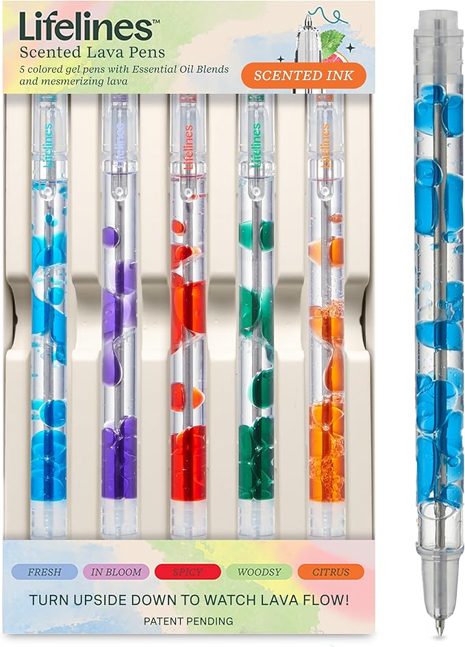 Lifelines Scented Lava Gel Pen Set, 5-Pack (Multi-Color) - 0.5mm Colored Gel Pens Infused with Scented Essential Oil Blends & Mesmerizing Lava - School Supplies for College Kids & Adults