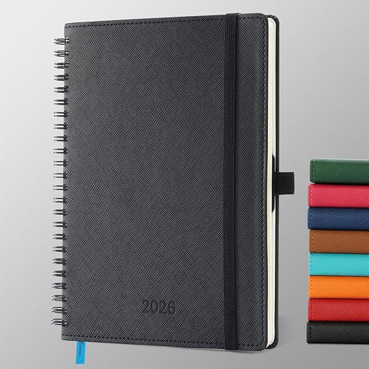 IN-LUXPRO Planner 2026 Daily Weekly and Monthly,8.5"x6.5",12 Months Spiral Bound Calendar Agenda with Self-adhesive Pen Holder,2026 Appointment Book with Vegan Leather Soft Cover,Black