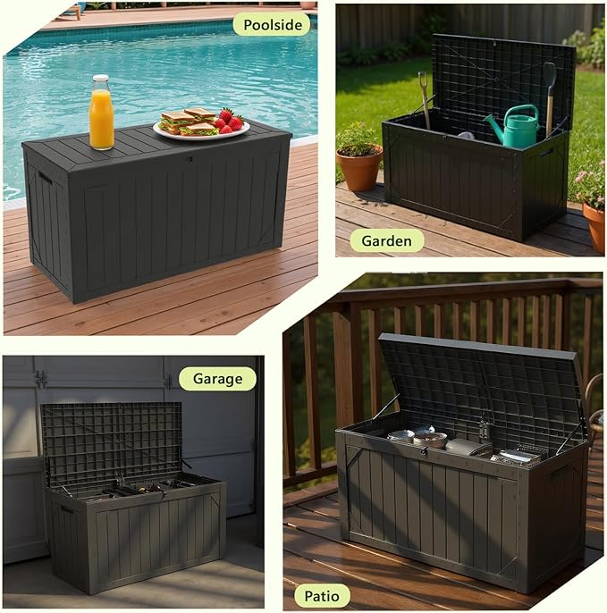 PATIOEASY Outdoor Storage Box 100GAL Waterproof Resin Deck Box,UV-Resistant Lockable Package Delivery Bin for Garden Tools,Large Patio Outside Cushions,Pool Accessories Supplies,Chest,Furniture,Brack