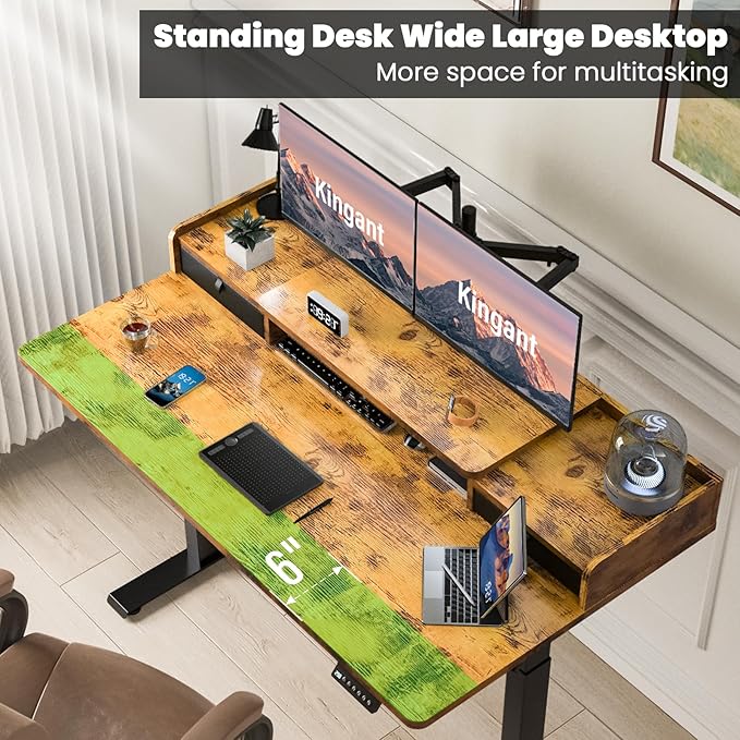 Kingant 55 x 30 Inch Electric Standing Desk with Dual Drawers, Adjustable Height Computer Desk for Home Office, Large Workstation Sit Stand Up Desk with Built-in Storage Shelf, Rustic Brown