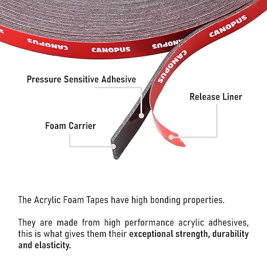 CANOPUS Double Sided Tape, 5952 Heavy Duty Mounting Tape, Strong Bond & Weatherproof Seal Strip for Automotive Mounting, Picture and Photo Frame, Poster, Craft, 0.25 in x 15 ft, Black, Made in USA