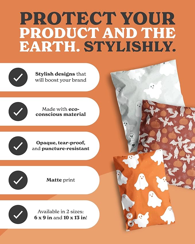 Poly Mailers 10 x 13 Inch- 100 pack Biodegradable Shipping Bags for Clothes - Impack Self-Seal Waterproof Thick Mailing Envelope for Accessories & Clothing - Halloween Bats