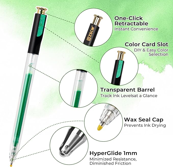 ZSCM Retractable Glitter Gel Pens, 12 Colors Large Capacity Green Glitter Metallic Gel Ink Pen, 1 mm Fine Point Smooth Writing Color Pens for Adult Coloring Book Note Taking Aesthetic Art Supplies