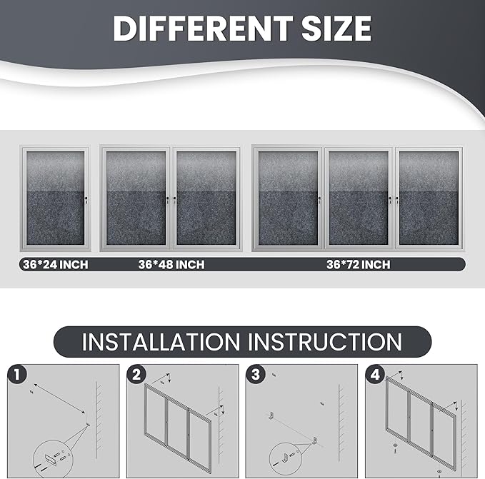 72"x36" Lockable Enclosed Bulletin Board, Outdoor Flet Weather-Resistant Aluminum Frame Notice Board, Wall Mounted Display Case Acrylic Doors for School,Office,Silver Frame w/Grey Flet