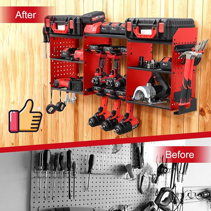 ERVNYNT 3 layers power tool organizer Loads 150lbs with 6 Cordless Drill Holder and 6 Outlet Power Strip,it’s good choice for husband birthday gift,red