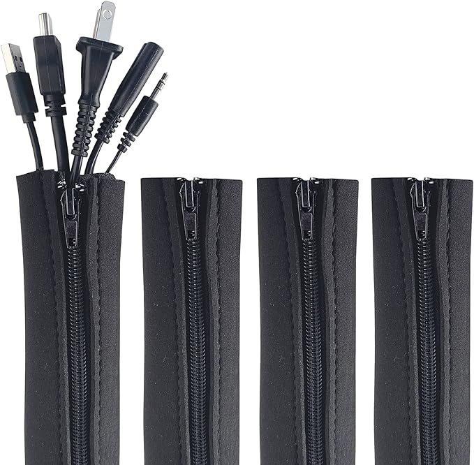 Zipper Cable Sleeve by Wrap-It Storage - 24" x 4" (4-Pack) Black - Cord Organizer and Cable Protector for Desk, Computer, TV Cord Management to Hide and Cover Wire and Extension Cables